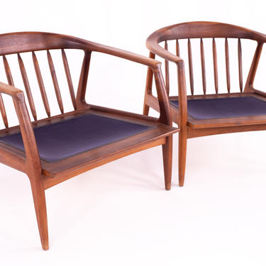Danish Style Milo Baughman for Thayer Coggin Mid Century Cooper Walnut Barrel Lounge Chairs - Pair 