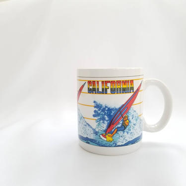 1980s Souvenir Windsurfer Mug ~ Rainbow California Coffee Cup ~ Painted Ceramic Tea Mug ~ Travel Souvenir Handled Gift Mug for Coffee Lovers 