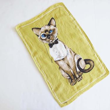Vintage 60s Mid Century Siamese Cat Linen Tea Towel - 1960s Monocle Tuxedo Cat Print Towel - MCM Kitchen Bar Cart Decor - Irish Linen 