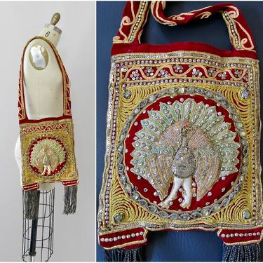 PROUD AS A PEACOCK Vintage 70s Purse | 1970s Indian Red &amp; Gold Velvet Metal Zardozi Embroidered Beaded Bag | India, Hippie Boho Festival 