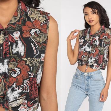 Floral Cropped Blouse Floral Shirt 90s Tropical Shirt TIE WAIST Blouse Crop Top 80s Tank Button Up Vintage Sleeveless Tribal Large L 
