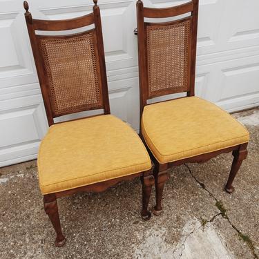 Wood cane dining chairs, oair of cane dining chairs, cane cushioned chairs, high back cane dining chairs, yellow cushioned chairs 