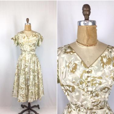 Vintage 50s dress | Vintage metallic floral fit and flare dress | 1950s gold cream rose party dress 