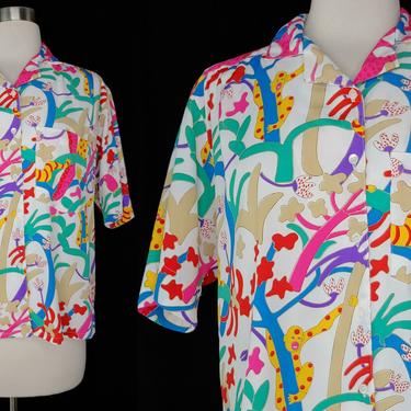 Vintage 80s Colorful Jungle Monkey Short Sleeve Button Up Blouse - Eighties La Chine Petites Galinda Wang - Medium 
