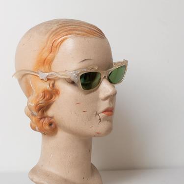 1950s Sunglasses | 50s Rhinestone Studded Cut Out Pearlized Sunglasses 