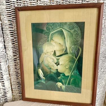 Mary and Baby, Shepherd, Wall Decor, Vintage 60s 70s Print, Wood Frame, Christmas, Religious 