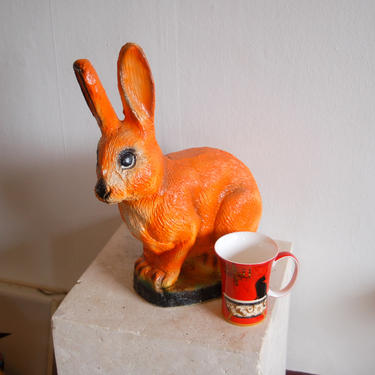 Unusual Vintage 1960's Sunset Orange Large 15&amp;quot; tall Rabbit Bank ~ Fun Spring 15&amp;quot; tall Orange Bunny Bank ~ Springtime in the Garden 