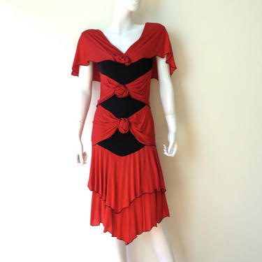 Vintage 1980's Hollie Harp Red and Black Silk Jersey Knit Dress Rich Hippie Style Small Medium 
