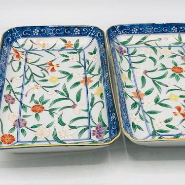 Vintage (2) Asian Blue Border Floral Rectangle Pair of Trays - 8 3/4&quot; X 5 X 1 1/4&quot; - Excellent Condition 