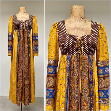 Vintage 1960s Boho Empire Maxi Dress w/Kimono Sleeves, Cotton Patchwork Peasant Dress, Festival Gown Joseph Magnin, Extra Small 32&quot; Bust 