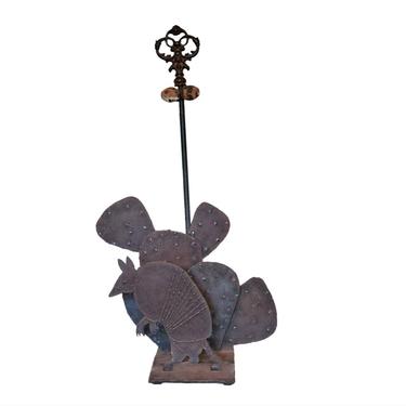 Vintage Hand Forged Western Ranch Style Armadillo, Cactus &amp; Railroad Tie Wrought Iron Fireplace Tool Holder, Signed, American Folk Art Texas 