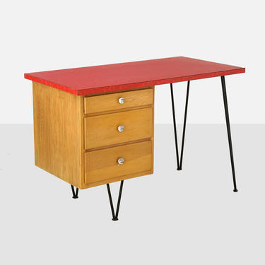 mid-century modern desk, mid-century desk, vintage desk, consoweld laminate top desk, modern desk, hairpin leg desk, midcentury red desk 