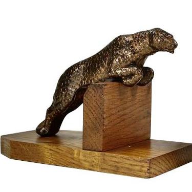 Art Deco Metal Spotted Leopard Bookends on Wood Base
