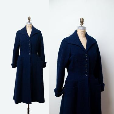 1950s Princess Coat / 50s Sophie Gimbal Saks Fifth Avenue Navy Blue Boucle Coat 