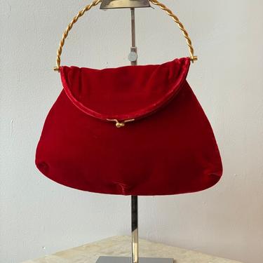 Vintage Koret Red Velvet Convertible Clutch with Goldtone Rope Handle, Circa 1950s 