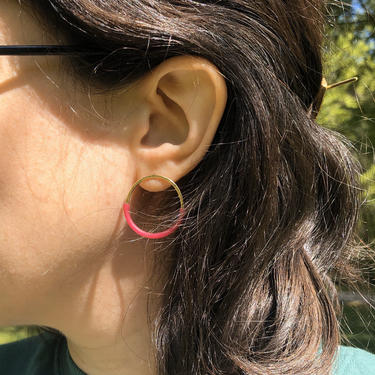 Gold and Pink Magenta Circle Studs in 14k gold filled with Teal Rubber Accent 