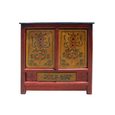 Distressed Rustic Chinese Tibetan Floral Red Yellow Side Table Cabinet cs5712S