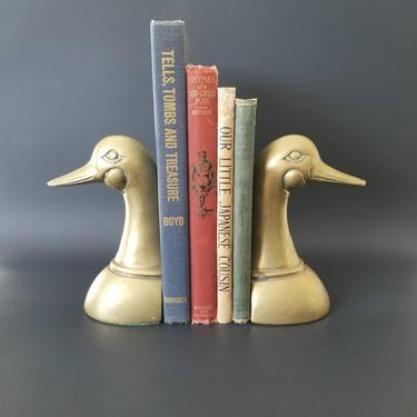 Vintage Brass Bookends with Antique Books / Mid Century Brass Duck Bookends / Library Book Shelf Decor / Animal Motif Metal Home Decor 
