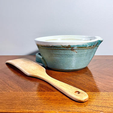 Vintage Studio Pottery Batter or Mixing Bowl - Handmade, Blue Stoneware, Cream Interior, Handle, Spout, Rustic Farmhouse Kitchen, Cooking 