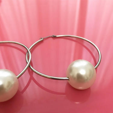 Steel faux pearl hoops 