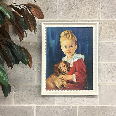 Vintage Painting 1960s Retro Size 27x21 MCM + Ben Moshe + Portrait + Young Girl with Dog + Acrylic and Oil + White Wood Frame + Wall Decor 