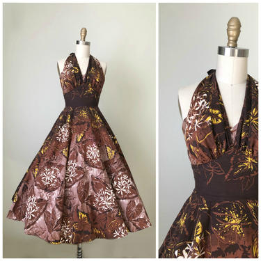 Vintage 1950s Dress • Bridgette • Brown Yellow Hawaiian Floral Cotton 50s Halter Dress with Full Skirt Size XSmall 