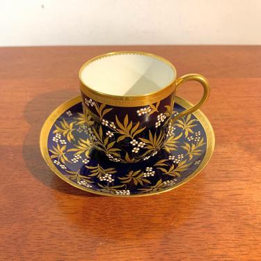 Antique Mintons Cobalt Blue and Gold with Enamel Flowers Demitasse Cup and Saucer 