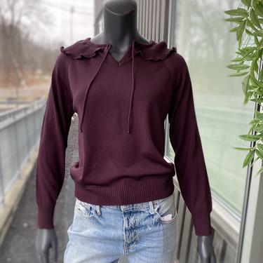 GIVENCHY SPORT Vintage 1980s Ruffle Collar Knit Long Sleeve Pullover Top - Size Medium - Plum 