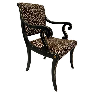 Regency Style Neoclassical Ebonized and Parcel Gilt Upholstered Arm Chair