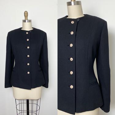 Vintage 1940s Jacket 40s Black Wool Custom Tailored Blazer Nipped Waist Shoulder Pads 