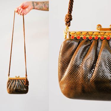 Vintage 80s Judith Leiber Dark Brown Karung Snakeskin Semi Precious Stone Crossbody Handbag w/ Accessories | 1980s Luxury Designer Purse 