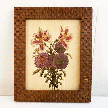 Vintage Framed Floral Print Orchid Wood Frame 1960s Brown Lithograph Litho 1960s 60s Bohemian Boho Hippie Gallery Wall Art 