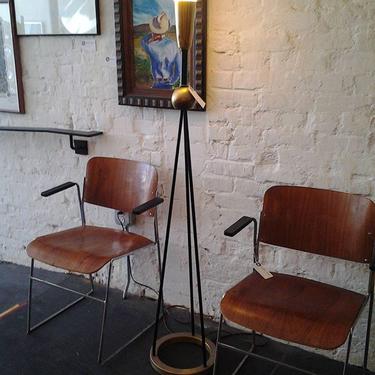 1940s iron tripod torchier with fluted glass shade is flanked by a pair of Swedish teak arm chairs!