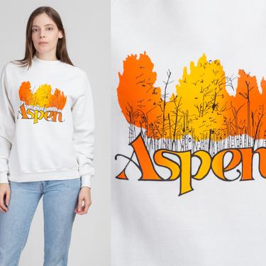 80s Aspen Autumn Leaves Sweatshirt - Medium | Vintage Fall Trees White Raglan Sleeve Graphic Tourist Pullover 
