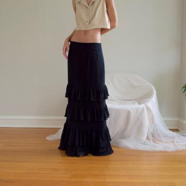 black silk ruffled ankle length skirt / 30w 