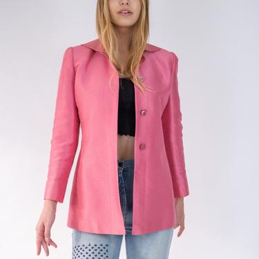 Vintage 90s Linda Allard for Ellen Tracy Pink Textured Raw Silk Broad Shoulder Jacket | 100% Silk | 1990s Designer Bohemian Chore Jacket 
