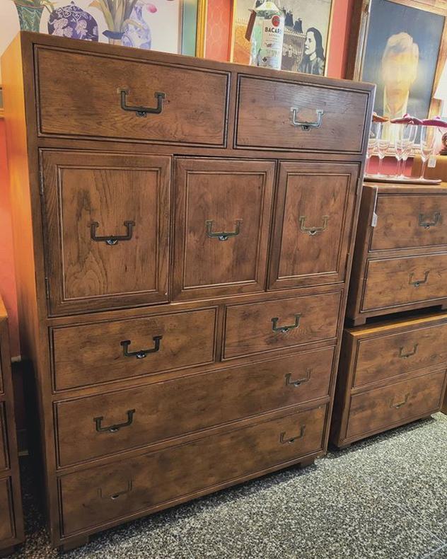 Beeautiful campaign style Herendon chest of drawers. 40" wide 19" deep 55.5" tall. 