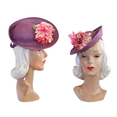 1940s Purple Straw Tilt Hat - 1940s Floral Tilt Hat - 1940s Purple Hat - Vintage Purple Hat - 1940s Tilt Hat - Womens Purple Hat - Tilt Hat 