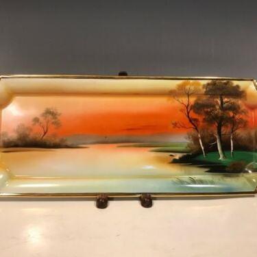 1960s Noritake Tree in Meadow/Cottage Lake Scene Sandwich Bread Serving Tray, hand painted serving tray, elegant serving tray 