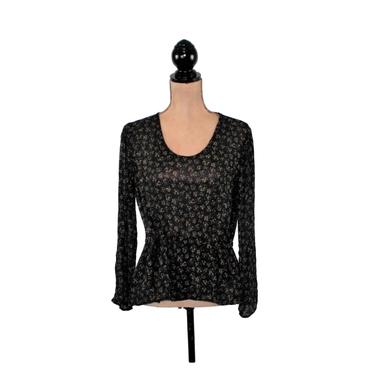 Semi Sheer Blouse Medium, Boho Long Sleeve Rayon Shirt, Print Chiffon Scoop Neck Top with Drawstring Waist, 90s Vintage Clothing from J Jill 