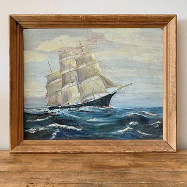 Framed Ship Oil on Canvas Painting