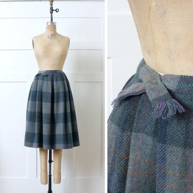 vintage early 1960s wool skirt • pleated full cut plaid skirt in sage greens & blues 