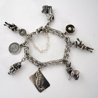 Heavy 60's Mexico 925 silver traditional charm bracelet, clever sterling Mayan & mid-20th-century Mexican figurine charms on chain 