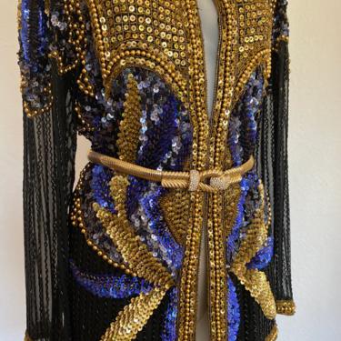Vintage gold beaded duster cobalt blue long beaded opera coat, vintage gold maxi dress jacket, opera coat, trophy jacket, size large 