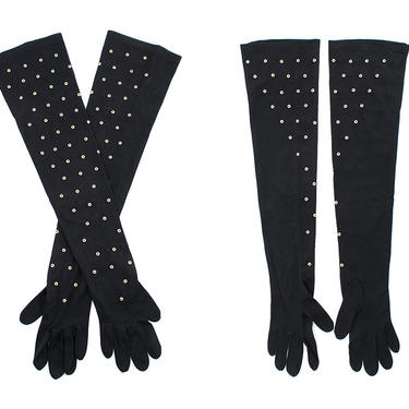 Vintage 1940s Evening Gloves | 40s Brass Studded Black Rayon Jersey Opera Length Above the Elbow Gloves (xs) 