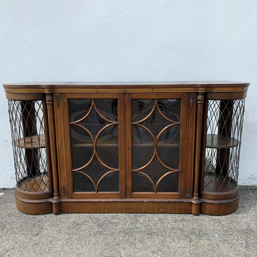 Gorgeous Antique Sideboard Credenza Curio Hutch Buffet Leather Italian Neoclassical Bar Storage Console Display Case Dining Vintage Wood 