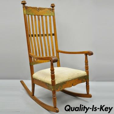 Antique Victorian Oak Wood Arts &amp; Crafts Rocker Rocking Chair with Brass Accents