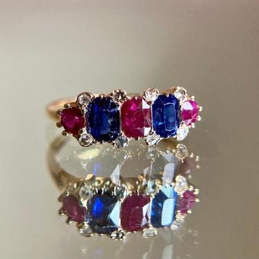 Antique Victorian 14K Rosy Gold Ruby Sapphire & Diamond Band Ring sz 6.75 2.6g 