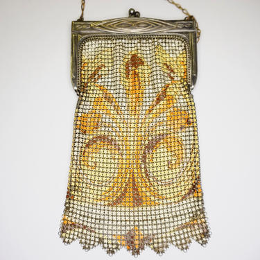 Vintage Whiting &amp; Davis Enamel Mesh Purse, Color Chainmail Bag With Swirl Design, Antique Art Deco Mesh Hand Purse, Whiting and Davis Co 