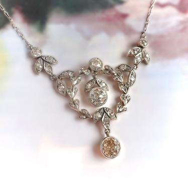 Antique Edwardian 3.70ct.tw. Diamond Lavalier Wedding Necklace 14K Platinum 